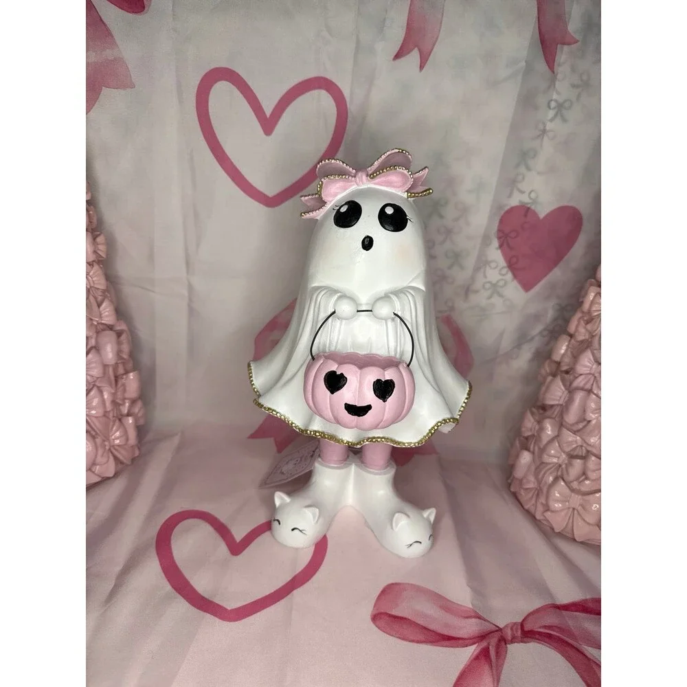 Coquette Ghost Pink Pumpkin Figurine Halloween Decor Spooky Cute Shelf Sitter